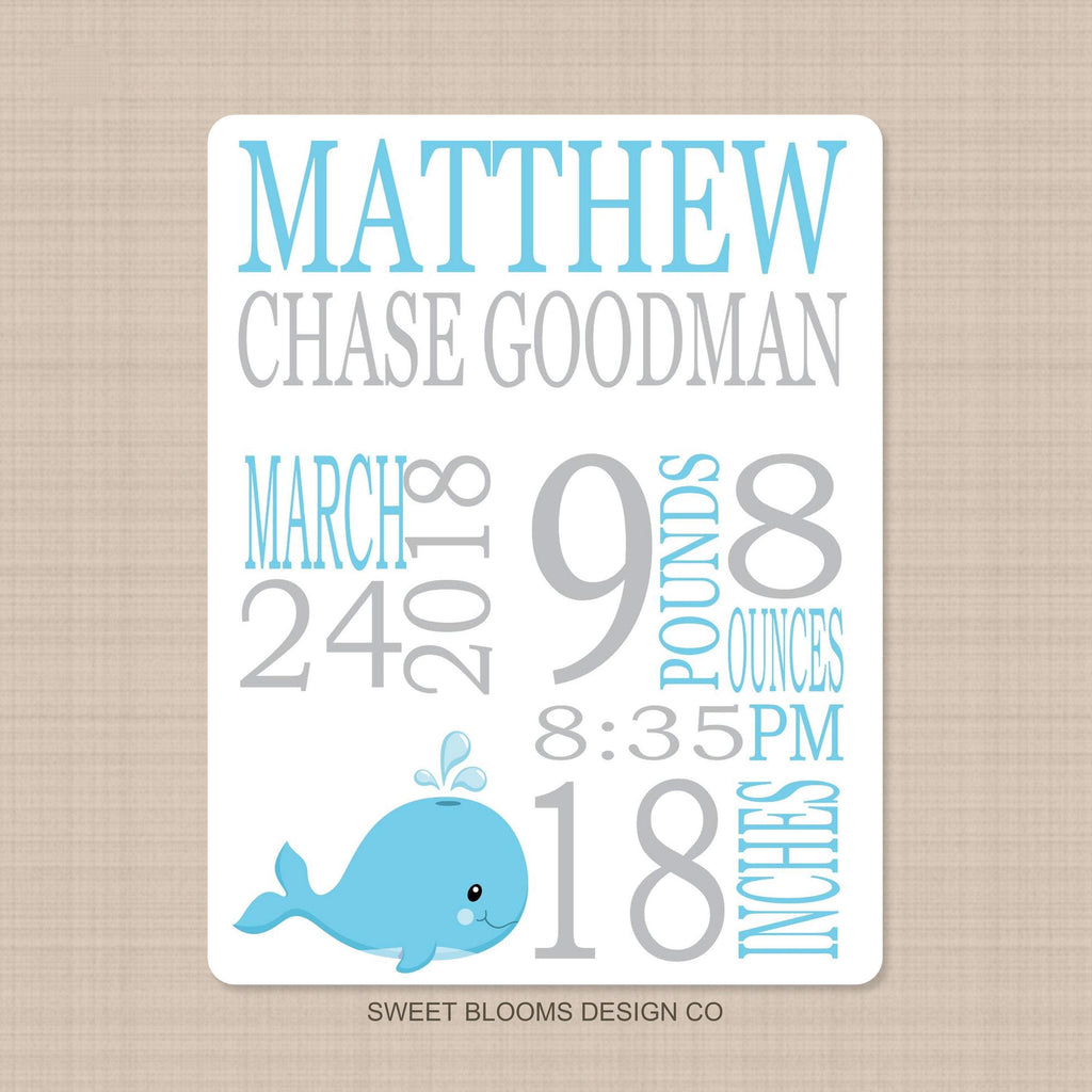 Whale Baby Boy Name Blanket Personalized Birth Announcenent Blue Gray Birth Stats Baby Shower Gift Nursery Bedding Decor Sea Animals B795