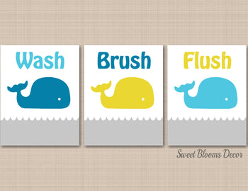 Whale Bathroom Wall Art Sea Animals Bathroom Decor Whale Kids Bathroom Teal Blue Yellow Gray Wash Brush Flush PRINTS or CANVAS B161-Sweet Blooms Decor