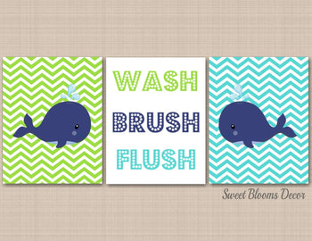 Whale Bathroom Wall Art,Sea Animals Nursery Wall Art,Whale Nursery Art,Blue Green Bathroom Decor,Wash Brush Flush PRINTS or CANVAS B143-Sweet Blooms Decor