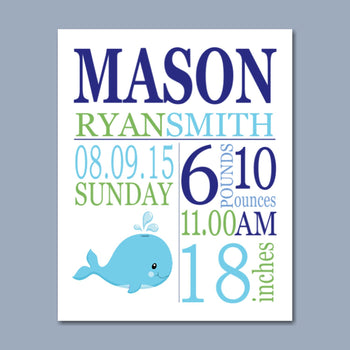 Whale Birth Print,Whale Birth Announcement,Whale Baby ,Blue Green Whale Nursery Decor Art,Whale Baby Shower Decor- PRINT OR CANVAS-Sweet Blooms Decor