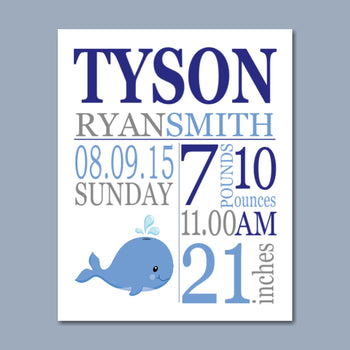 Whale Birth Print,Whale Birth Announcement,Whale Baby ,Whale Nursery Decor,Nautical Nursery ,Nautical Baby Gift PRINT OR CANVAS-Sweet Blooms Decor