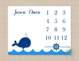 Whale Milestone Blanket Baby Boy Nautical Monthly Growth Tracker New Born Monogram Blanket Navy Blue Anchor  Baby Shower Gift B233