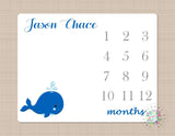 Whale Milestone Blanket Blue Gray Baby Boy Nautical Growth Tracker New Born Monogram Blanket Monthly Tracker Name Baby Shower Gift B263