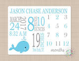 Whale Milestone Blanket Monthly Growth Tracker Blue Gray Whales Personalized Baby Boy Blanket Name Monogram Nursery Decor Gift Bedding B264