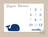 Whale Milestone Blanket Navy Blue Gray  Baby Boy Nautical Growth Tracker New Born Blanket Monthly Tracker Name Baby Shower Gift B499