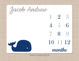 Whale Milestone Blanket Navy Blue Gray Baby Boy Nautical Growth Tracker New Born Blanket Monthly Tracker Name Baby Shower Gift Bedding B963