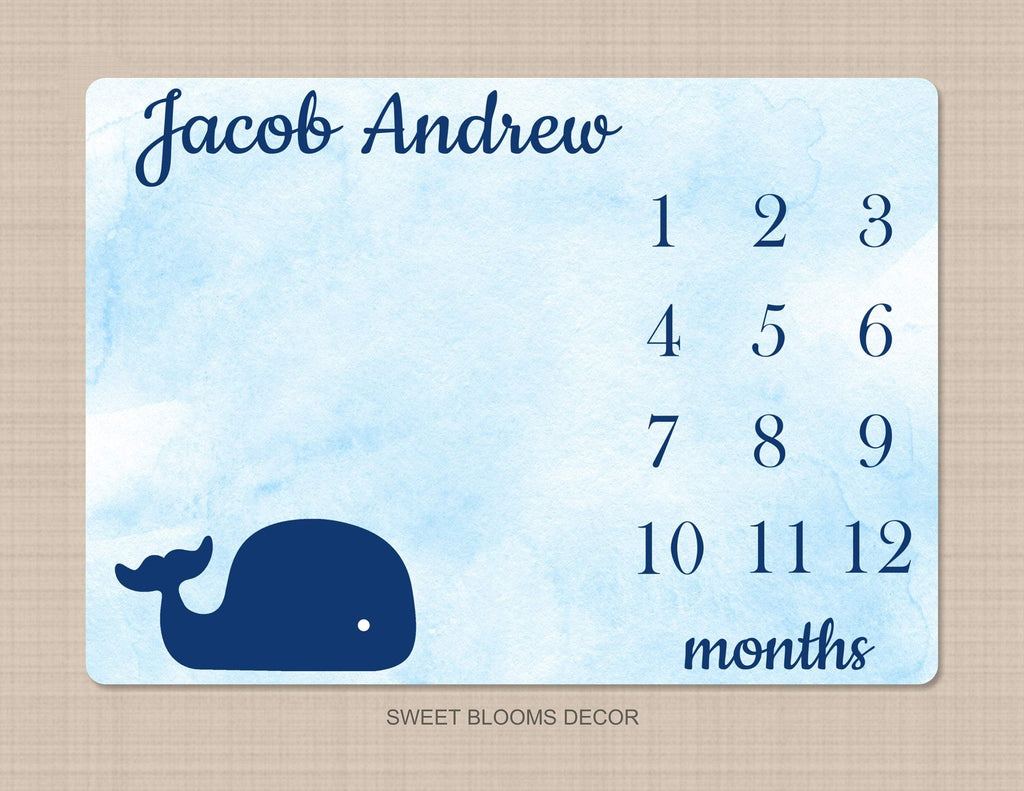 Whale Milestone Blanket Navy Blue Watercolor  Baby Boy Nautical Growth Tracker New Born Blanket Monthly Tracker Name Baby Shower Gift B965