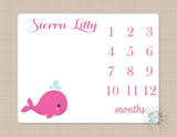Whale Milestone Blanket Pink Baby Girl Nautical Growth Tracker New Born Monogram Blanket Monthly Tracker Name Baby Shower Gift B256