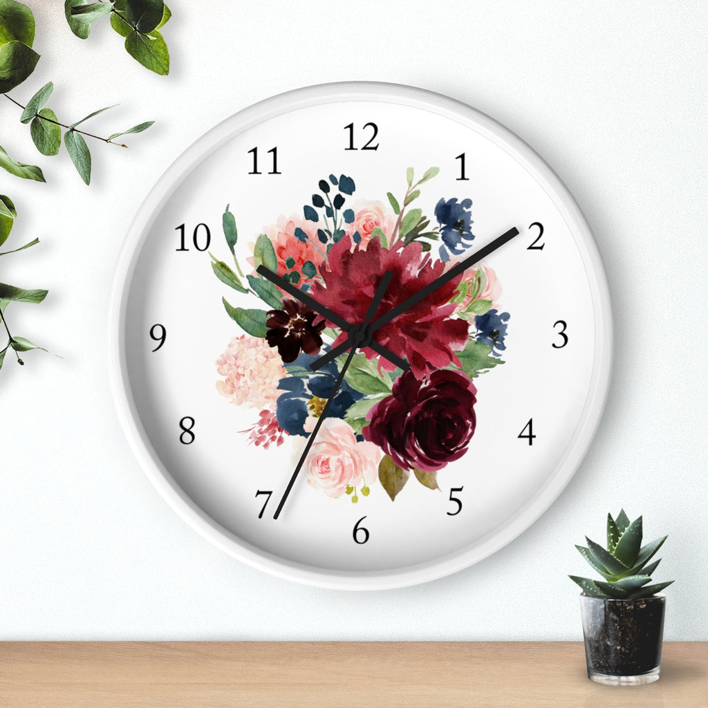 Floral Wall Clock, Blush Pink Navy Blue Maroon Burgundy Red Watercolor Flowers Roses Nursery Wall Clock, Girl Bedroom Wall Decor