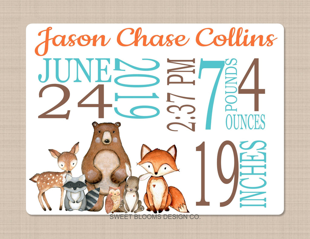 Woodland Animals Baby Boy Name Blanket Forest Personalized Birth Announcenent Birth Stats Boy Girl Shower Gift Nursery Bedding Decor B800-Sweet Blooms Decor