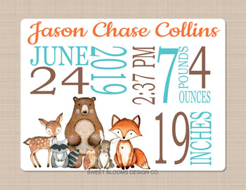 Woodland Animals Baby Boy Name Blanket Forest Personalized Birth Announcenent Birth Stats Boy Girl Shower Gift Nursery Bedding Decor B800-Sweet Blooms Decor