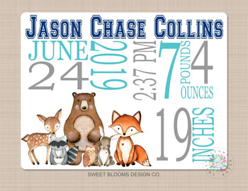 Woodland Animals Baby Boy Name Blanket Forest Personalized Birth Announcenent Birth Stats Boy Girl Shower Gift Nursery Bedding Decor B801
