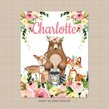 Woodland Animals Baby Girl Name Blanket Blush Pink Coral Floral Newborn Monogram Flowers Baby Shower Gift Animals Nursery Bedding B1015