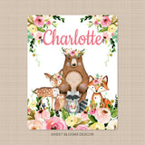 Woodland Animals Baby Girl Name Blanket Blush Pink Coral Floral Newborn Monogram Flowers Baby Shower Gift Animals Nursery Bedding B1015