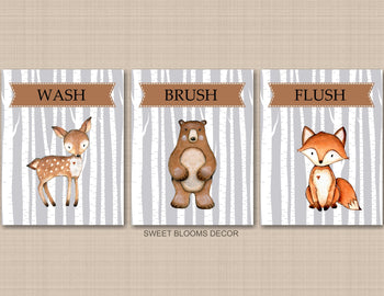 Woodland Animals Bathroom Wall Art Kids Baby Bathroom Decor Birch Trees Gray Brown Bear Fox Deer 191-Sweet Blooms Decor