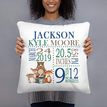 Woodland Animals Birth Announcement Pillow Personalized Birth Stats Throw Pillow Baby Shower Gift Baby Boy Nursery Decor Bedding P177-Sweet Blooms Decor
