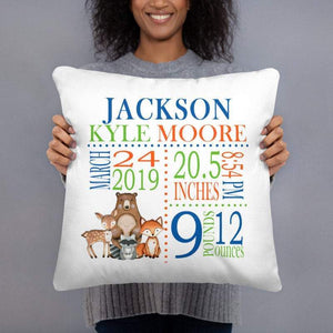 Woodland Animals Birth Announcement Pillow Personalized Birth Stats Throw Pillow Baby Shower Gift Baby Boy Nursery Decor Bedding P178-Sweet Blooms Decor