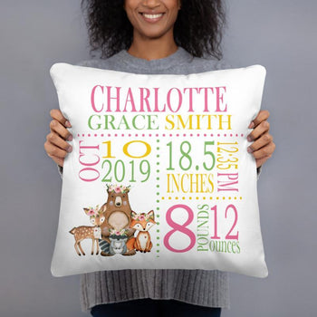 Woodland Animals Girl Birth Announcement Throw Pillow Floral Personalized Birth Stats Baby Shower Gift Baby Boy Nursery Decor Bedding P199-Sweet Blooms Decor