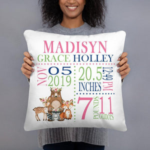 Woodland Animals Girl Birth Announcement Throw Pillow Floral Personalized Birth Stats Baby Shower Gift Baby Boy Nursery Decor Bedding P200-Sweet Blooms Decor