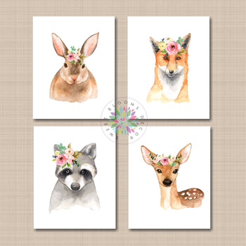 Woodland Animals Girl Nursery Wall Art Baby Girl Bedroom Decor Floral Watercolor Rabbit Deer Fox Prints Baby UNFRAMED C718-Sweet Blooms Decor