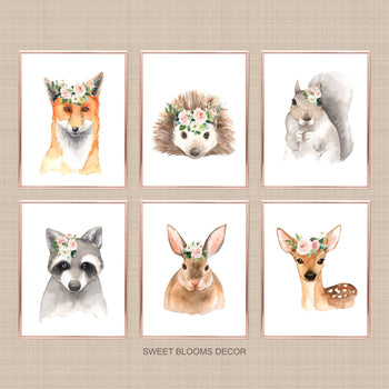 Woodland Animals Girl Nursery Wall Art Watercolor Pink Coral Blush Floral Modern Boho Flowers Gift Baby Room Decor C811-Sweet Blooms Decor