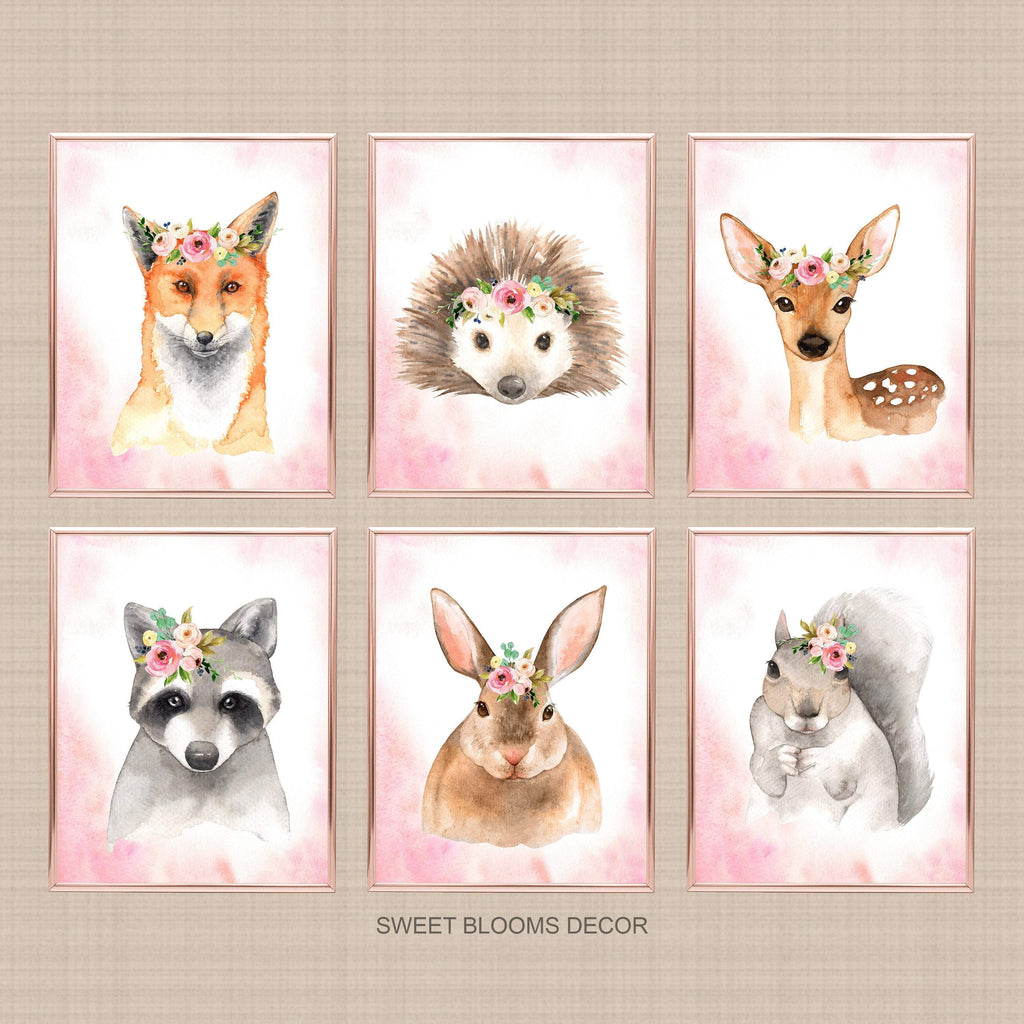 Woodland Animals Girl Nursery Wall Art Watercolor Pink Coral Blush Floral Modern Boho Flowers Gift Baby Room Decor C820-Sweet Blooms Decor