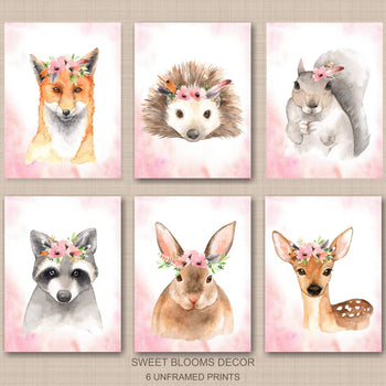 Woodland Animals Girl Nursery Wall Art Watercolor Pink Coral Blush Floral Modern Boho Flowers Gift Baby Room Decor C822-Sweet Blooms Decor