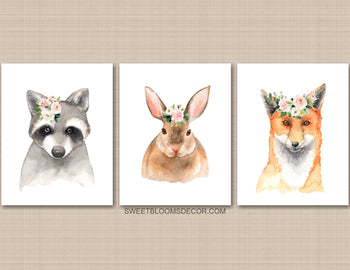 Woodland Animals Girl Nursery Wall Art with Blush Pink Flowers C811