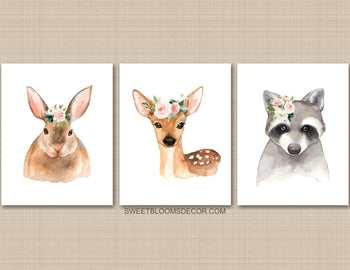 Woodland Animals Girl Nursery Wall Art with Blush Pink Flowers