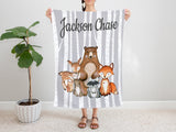 Woodland Animals Name Blanket Personalized Gray Birch Trees Bear Fox Raccoon Deer Bunny Owl Baby Shower Gift Nursery Crib Bedding B1198-Sweet Blooms Decor