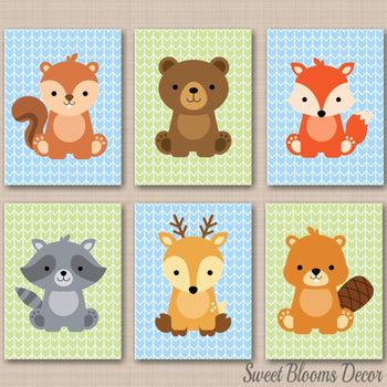 Woodland Animals Nursery Decor Woodland Wall Art Yellow Blue Arrows Green Blue Fox Bear Raccoon Baby Shower Gift C311-Sweet Blooms Decor