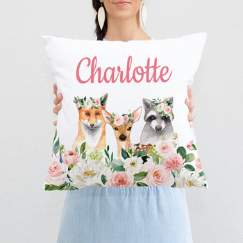 woodland animals floral pillow