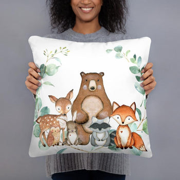 Woodland Animals Nursery Throw Pillow Decor Eucalyptus Greenery Leaves Fox Bear Deer Owl Bunny Baby Shower Gift Decorative Pillow 203 