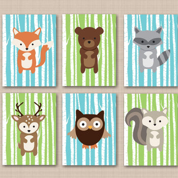 Woodland Animals Nursery Wall Art Baby Boy Bedroom Decor Fox Bear Raccoon Owl Deer Aqua Green Teal Blue Birch Trees C323-Sweet Blooms Decor