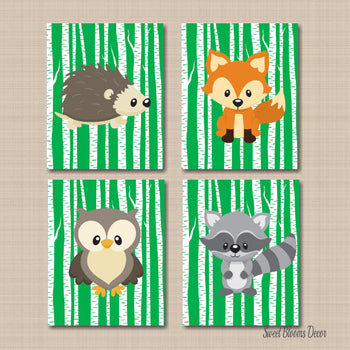 Woodland Animals Nursery Wall Art Bear Fox Owl Deer Raccoon Rabbit Squirrel Porcupine Birch Trees Baby Boy Bedroom Decor-Sweet Blooms Decor