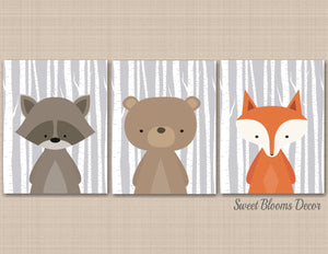 Woodland Animals Nursery Wall Art Bear Fox Raccoon Modern Birch Trees Simple Baby Boy Bedroom Decor Baby Shower Gift C226-Sweet Blooms Decor