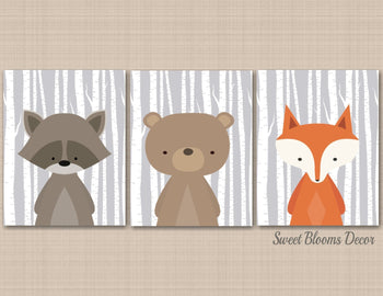 Woodland Animals Nursery Wall Art Bear Fox Raccoon Modern Birch Trees Simple Baby Boy Bedroom Decor Baby Shower Gift C226-Sweet Blooms Decor