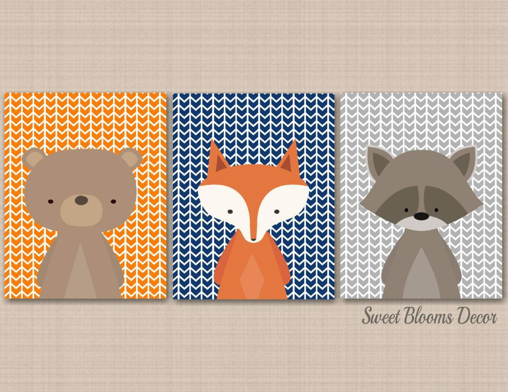 Woodland Animals Nursery Wall Art Bear Fox Raccoon Wall Art Arrows Navy Blue Orange Gray Modern Simple Shower Gift C227-Sweet Blooms Decor