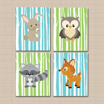 Woodland Animals Nursery Wall Art Birch Trees Blue Green Bear Fox Owl Deer Bunny Raccoon Turtle Squirrel Baby Boy Bedroom-Sweet Blooms Decor