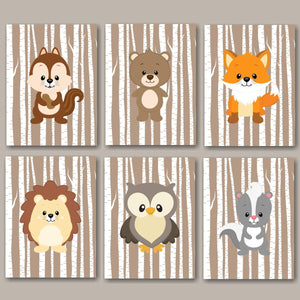 Woodland Animals Nursery Wall Art Boy Bedroom Decor Forest Animals Brown Birch Trees Bear Owl Fox Raccoon Baby Shower C321-Sweet Blooms Decor