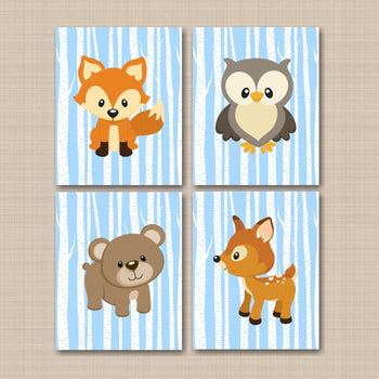 Woodland Animals Nursery Wall Art Decor Blue Birch Trees Modern Bear Fox Owl Raccoon Sqirrel Rabit Porcupine Chipmonk C320-Sweet Blooms Decor