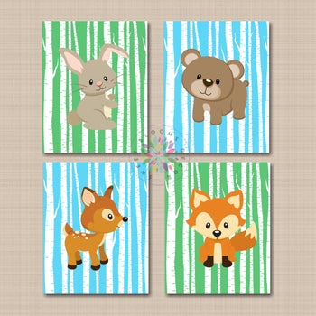 Woodland Animals Nursery Wall Art Decor Blue Green Birch Trees Forest Animals Bear Raccoon Deer Fox Owl Bunny C800-Sweet Blooms Decor