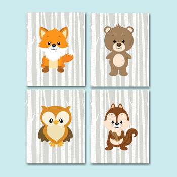 Woodland Animals Nursery Wall Art Decor Gray Birch Trees Modern Bear Fox Owl Raccoon Sqirrel Rabit Porcupine Chipmonk Baby-Sweet Blooms Decor