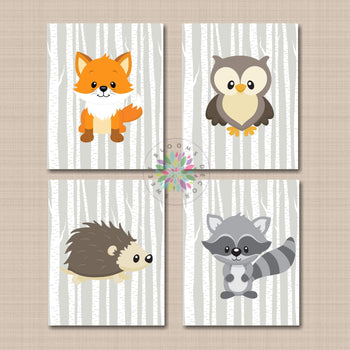 Woodland Animals Nursery Wall Art Decor Gray Birch Trees Modern Bear Fox Owl Raccoon Sqirrel Rabit Porcupine Chipmonk C701-Sweet Blooms Decor