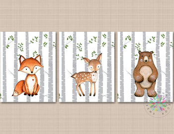 Woodland Animals Nursery Wall Art Deer Fox Bear Modern Gray Birch Tree Leaves Baby Boy Room Bedroom Decor Watercolor C681-Sweet Blooms Decor