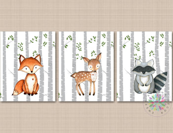 Woodland Animals Nursery Wall Art Deer Fox Raccoon Gray Birch Trees Leaves Modern Baby Boy Bedroom Decor Forest C681-Sweet Blooms Decor