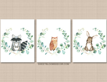 Woodland Animals Nursery Wall Art, Eucalyptus Leaves Owl Raccoon Bunny C888