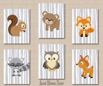 Woodland Animals Nursery Wall Art Forest Animals Baby Boy Bedroom Decor Gray Birch Trees Bear Raccoon Fox Deer Owl C490-Sweet Blooms Decor