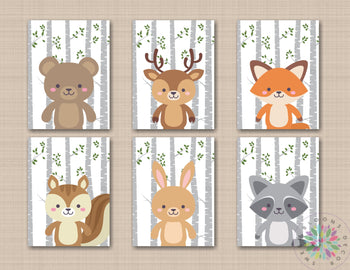 Woodland Animals Nursery Wall Art Forest Animals Gray Birch Trees Fox Bear Deer Moose Raccoon Bunny Rabbit Boy Decor C626-Sweet Blooms Decor