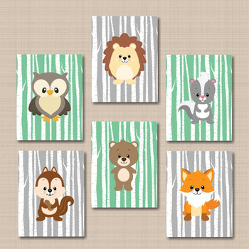 Woodland Animals Nursery Wall Art Forest Mint Gray Birch Trees Fox Bear Owl Deer Chipmonk Raccoon Baby Room Decor C314-Sweet Blooms Decor